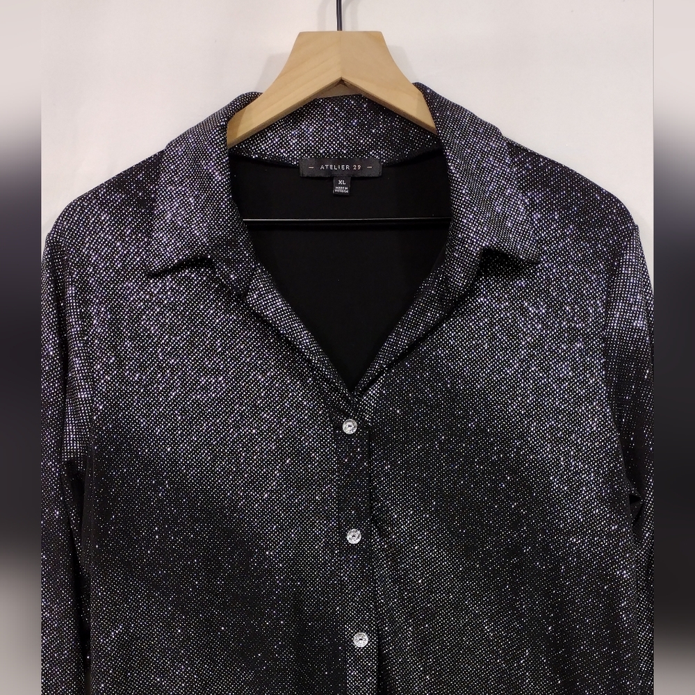 Atelier 29 Glitter Boho Button Top Women's XL Black Silver Retro Grunge Disco - Picture 2 of 8